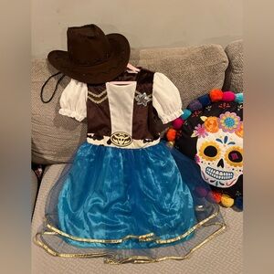 Cowgirl Costume with Blue Skirt and Brown Hat